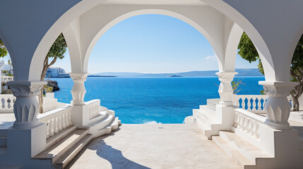 Obraz na płótnie Canvas White architecture on Greece. Beautiful landscape with sea view. Generative AI.