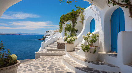 Naklejka premium White architecture on Greece. Beautiful landscape with sea view. Generative AI.