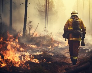firefighter works on fire in a forest.