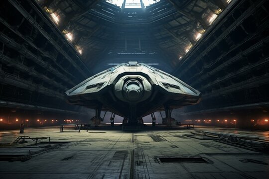 A deserted hangar in a space station showcasing an alien spaceship design with advanced technology. Generative AI