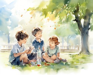 Children sit and drink in the park.