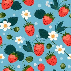 Seamless pattern of strawberies with green leaves, ai generative