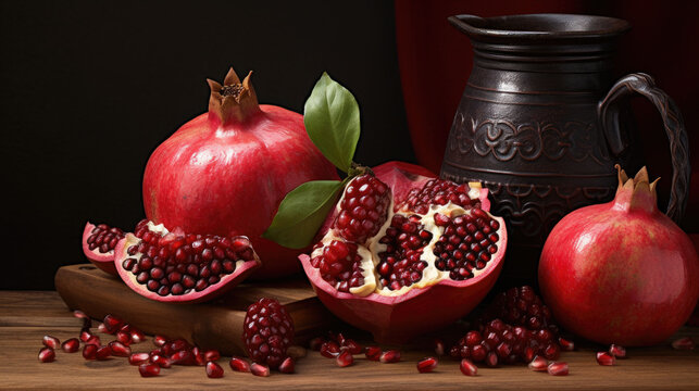 still life picture of ruby red pomegranate with a jar