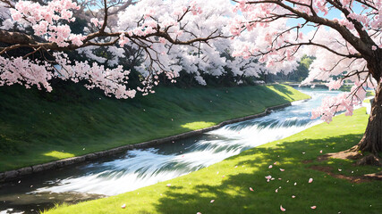 Obraz na płótnie Canvas 桜　川　春　自然　背景｜There are cherry blossoms by the river