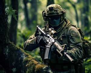 Soldier in tropical forest with military equipment