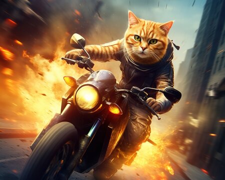 Cat rider on motorcycle is riding with fire.