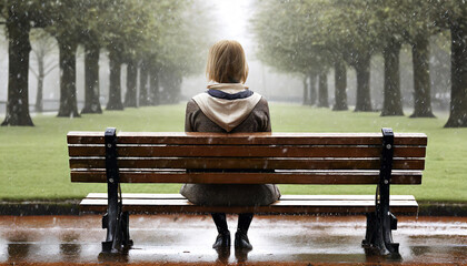 Loneliness. A person sitting alone on a park bench in the rain
