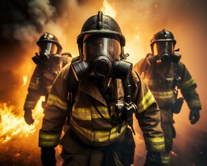 Fototapeta premium Four firefighters are walking into fire.