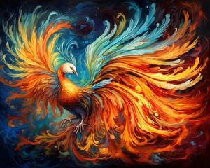 The Phoenix Fantastic Bird has bright colors of the feathers and a majestic look. - obrazy, fototapety, plakaty
