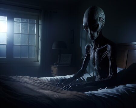 The alien is in his room at night.