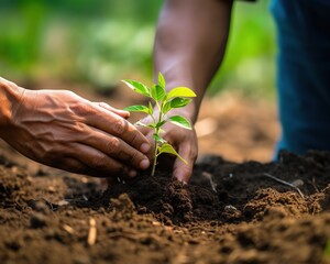 The volunteer is planting seedlings into the soil.