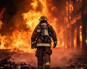 Firefighter works on fire while fireman walks in building