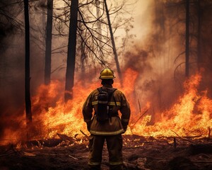 Naklejka premium Firefighter stands in burning forest fireman on fire.
