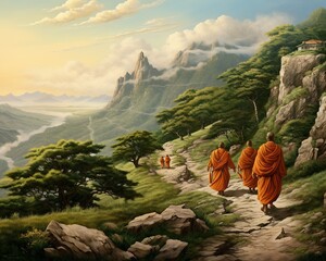 Chinese monks are walking on mountns with buddhist monks. - obrazy, fototapety, plakaty