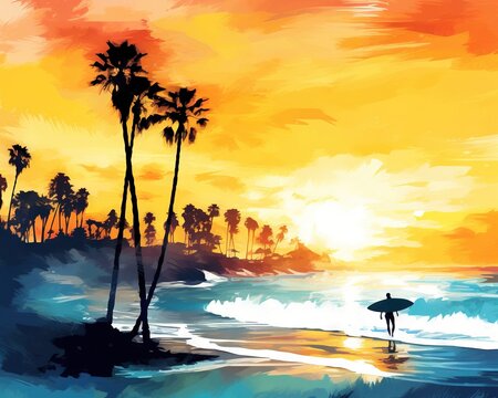 Light surfer watercolors on the beach with colorful watercolors of a surfer in a sunset.