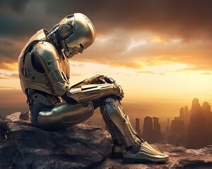 The humanoid sad lonely robot is suffering from depression. - obrazy, fototapety, plakaty