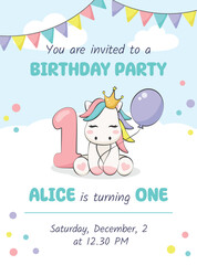Birthday party invitation card with cute pony, balloon and number one. Vector illustration