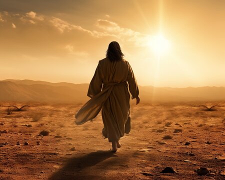 silhouette of Jesus Christ walking towards the sunrise.