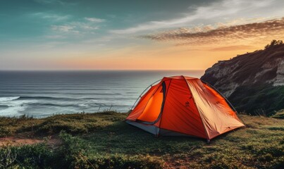 tent set on a top of the cliff on an ocean - obrazy, fototapety, plakaty