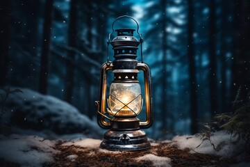 Christmas lantern with candles on snowy background, fir branch with rowan cones, and snowfall - obrazy, fototapety, plakaty