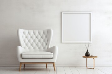 Modern minimalist interior with armchair and white empty canvas mockup on concrete wall background