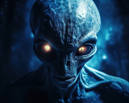 Scary blue alien of sentient being from deep space.