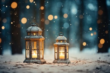 Snowy christmas lantern with burning candles, fir branch with rowan cones, snowfall and trees