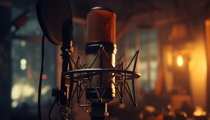 Studio microphone on blurred background with audio mixer   musical instrument concept