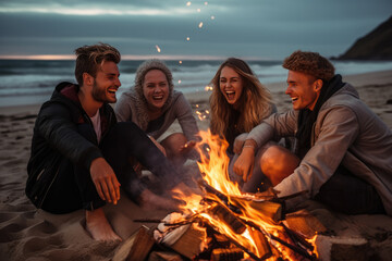 Group Of Young People Having Fun Near Bonfire On Beach