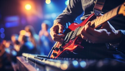 Energetic music band with talented guitarist creates captivating concert stage performance