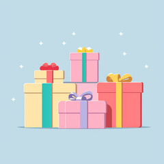 2D cartoon style illustration of several gift boxes tied with ribbons isolated on a plain background.