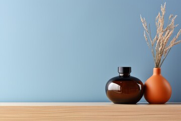 Luxury organic skincare product display on wooden counter table with blue texture wallpaper