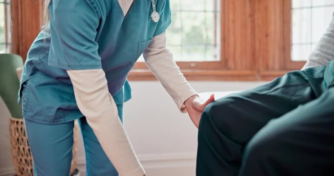 Physical therapy, senior man and leg stretch with hand and wellness exercise for health at hospital. Physiotherapist, healing and elderly patient with consultation and assessment for care and support