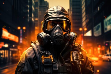 Futuristic Soldier With Gas Mask In Burning Night City