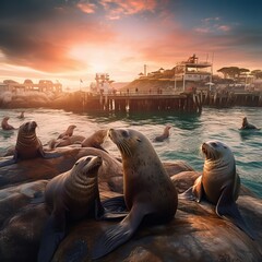 Sea lions and seals on the pier in Monterey, California - obrazy, fototapety, plakaty