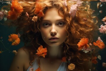 portrait of a beautiful european redhead girl underwater with fish and bubbles