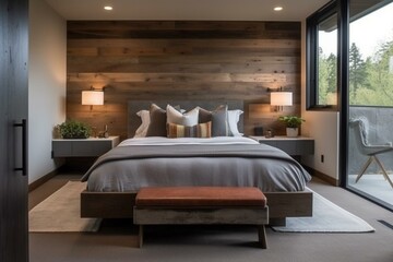 Contemporary bedroom with wood walls, concrete floor, and cozy king bed. Rustic flare. Generative AI