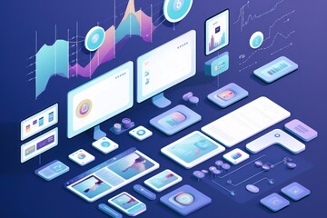 ux ui layout with different devices, purple and violet color gradients