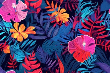 stylized multicolored background with lush tropical flowers, seamless
