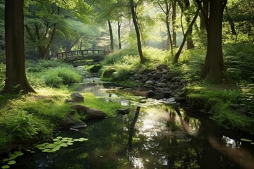 Peaceful and revitalizing: serene tranquility amongst captivating woodland scenery. Generative AI
