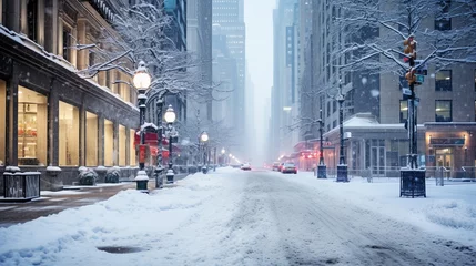 Afwasbaar Fotobehang Verenigde Staten New York City Manhattan Midtown street under the snow during snow blizzard in winter. Empty 5th avenue with no traffic.