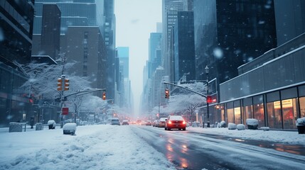 New York City Manhattan Midtown street under the snow during snow blizzard in winter. Empty 5th...