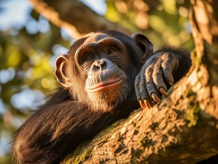 Close up of chimpanzee ( Pan troglodytes ) resting on the tree in the jungle