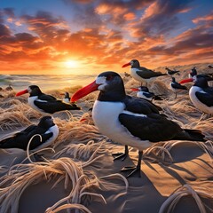 Black Skimmer birds sleeping on the beach