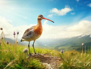 Foto op Canvas Black tailed Godwit in the meadow on a hill. © Nipon