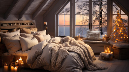 Obraz premium Winter Dreamland: A Bedroom Oasis with Christmas Delight