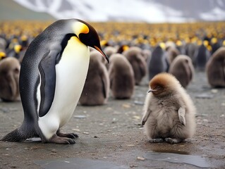 King penguins - Aptendytes patagonica - and cute fluffy penguin chick. Chick begging for food Gold Harbour South Georgia - obrazy, fototapety, plakaty