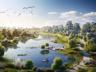 City suburbs with lake ecosystem, VÄƒcÄƒreÈ™ti Nature Park buildings - obrazy, fototapety, plakaty
