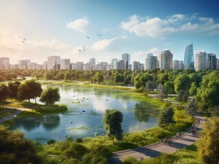 Fototapeta premium City suburbs with lake ecosystem, VÄƒcÄƒreÈ™ti Nature Park buildings