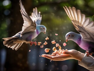 Kindly feeding pigeons - obrazy, fototapety, plakaty